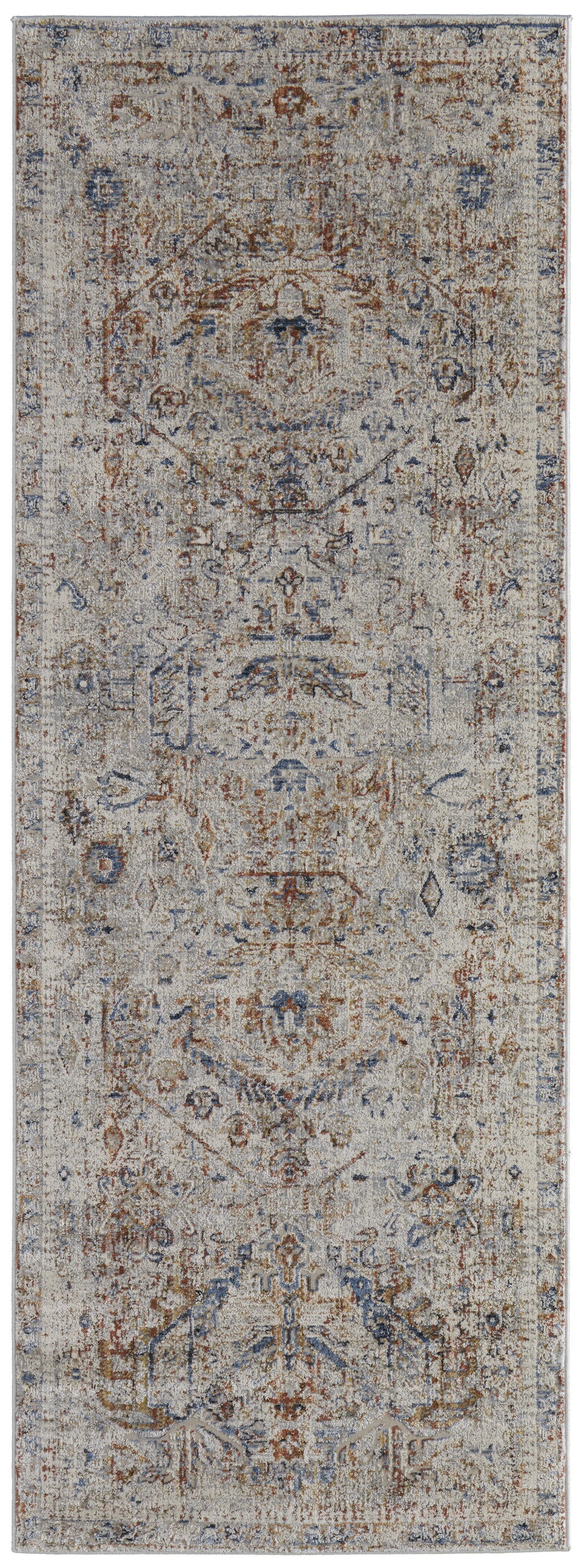 12' Ivory Blue and Orange Medallion Power Loom Distressed Runner Rug With Fringe