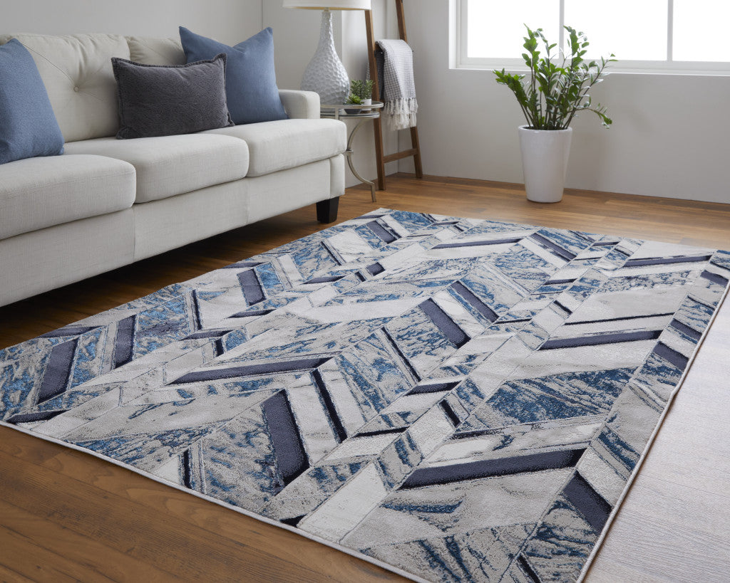 4' x 6' Ivory and Blue Chevron Power Loom Distressed Area Rug