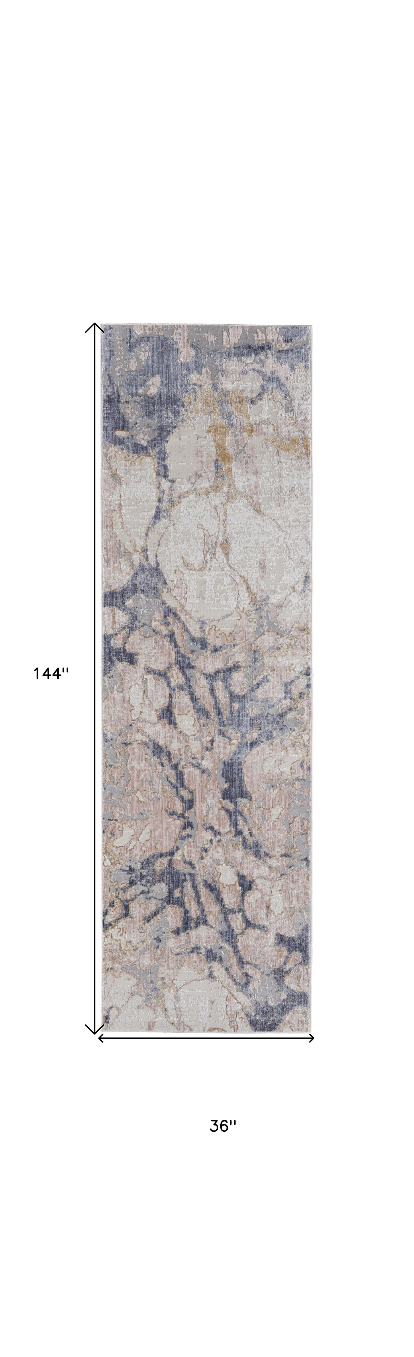 12' Beige and Blue Abstract Power Loom Distressed Runner Rug