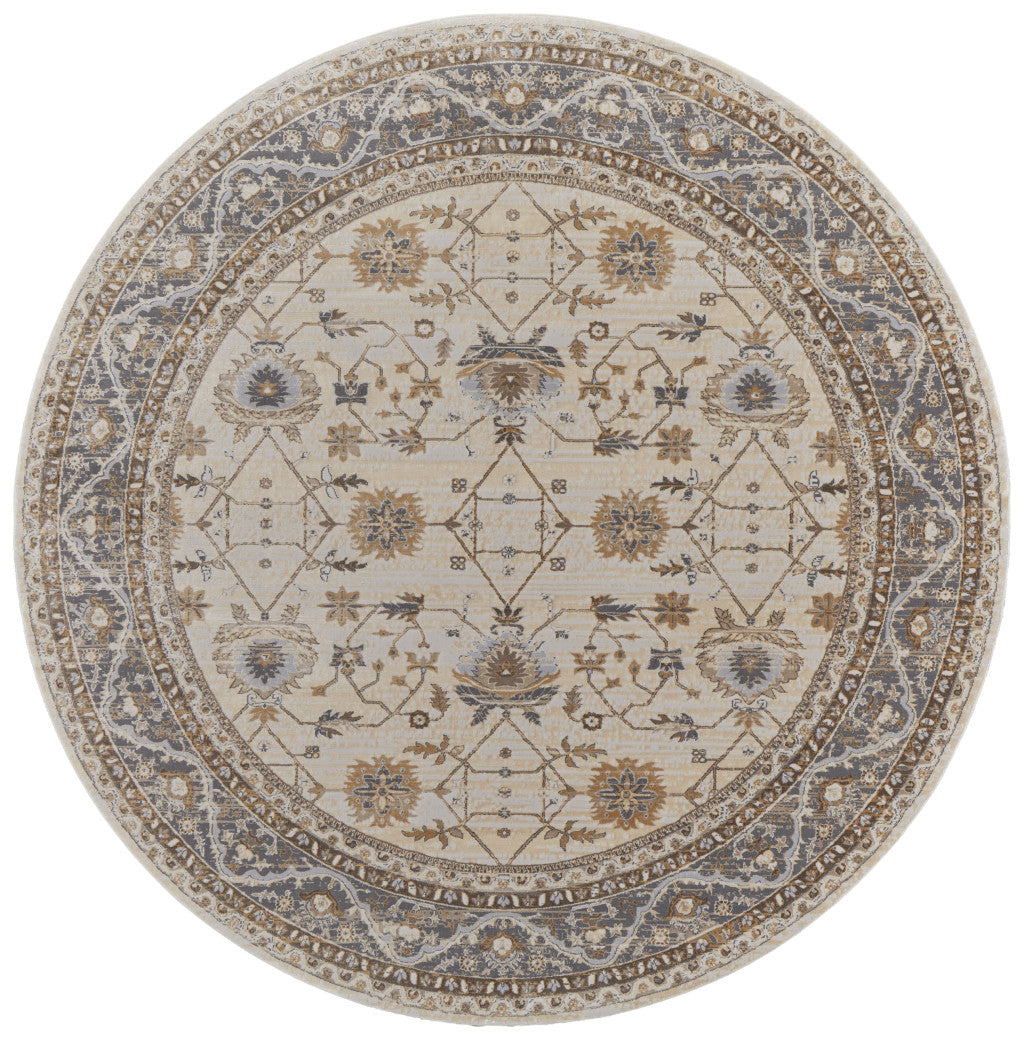 8' Brown and Ivory Round Oriental Power Loom Distressed Area Rug