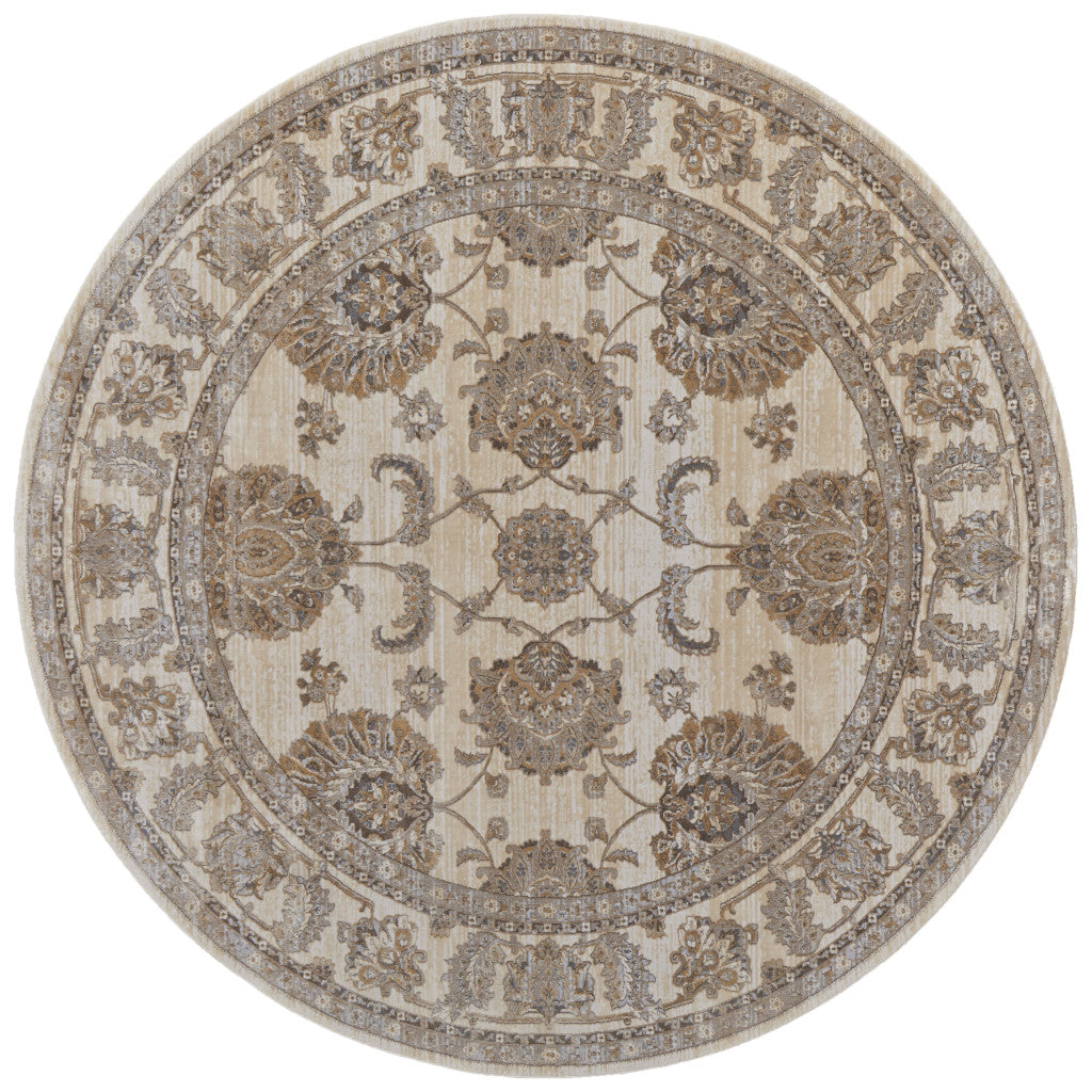 8' Brown and Ivory Round Oriental Power Loom Distressed Area Rug