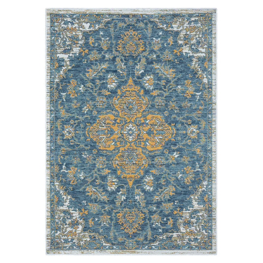 2' x 3' Blue and Ivory Medallion Stain Resistant Indoor Outdoor Area Rug