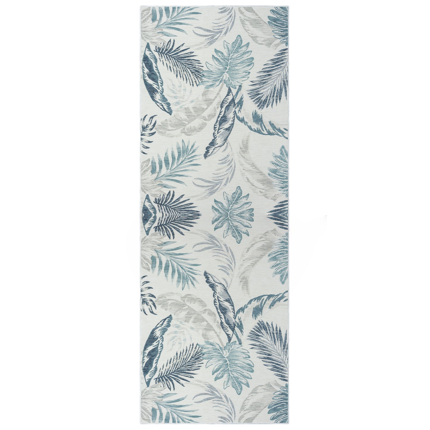 2' X 8' Blue and Serene White Palm Leaf Stain Resistant Indoor Outdoor Runner Rug