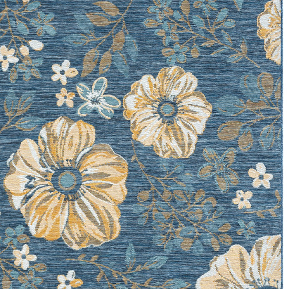 2' x 3' Blue White and Yellow Floral Stain Resistant Indoor Outdoor Area Rug