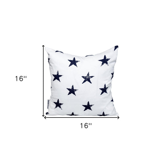 16" White and Blue Star Cotton Throw Pillow
