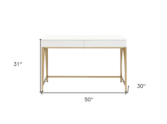 50" White and Gold Writing Desk With Two Drawers
