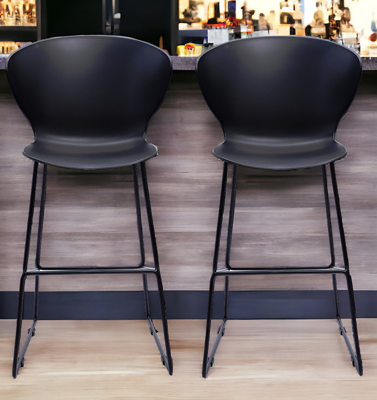 Set of Two 30" Black Metal Low Back Bar Height Bar Chairs