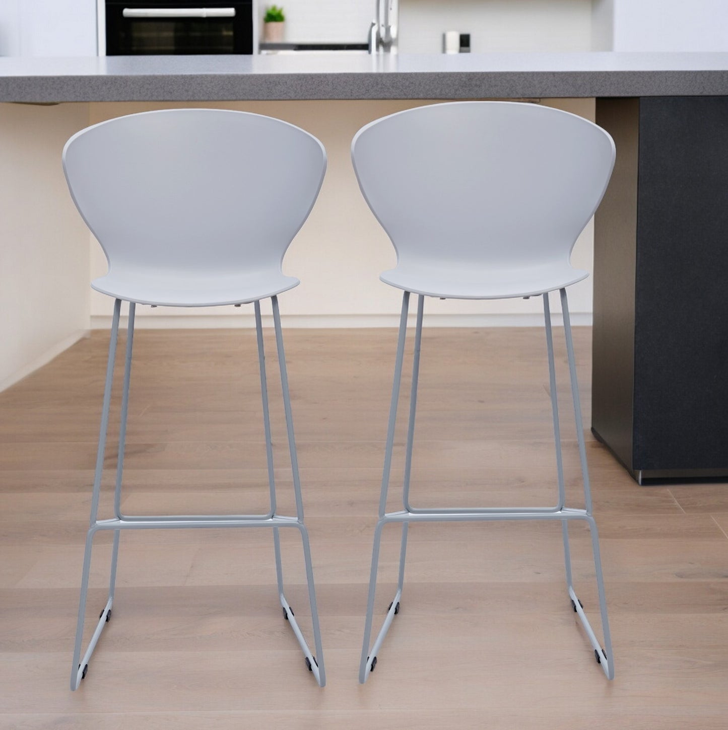 Set of Two 30" Gray Heavy Duty Plastic And Metal Low Back Bar Height Bar Chairs