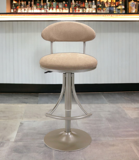 Brown And Silver Velvet And Metal Low Back Adjustable Height Bar Chair