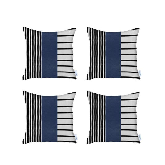 Set Of Four 22" X 22" Navy Blue Faux Leather Striped Zippered Pillow Cover