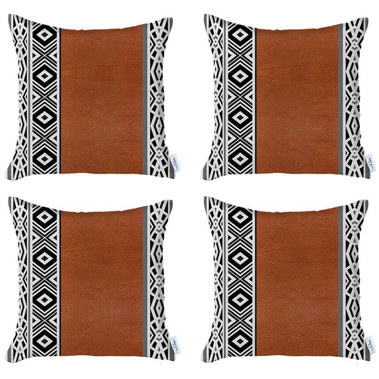 Set Of Four 17" X 17" Brown Faux Leather Geometric Zippered Pillow Cover