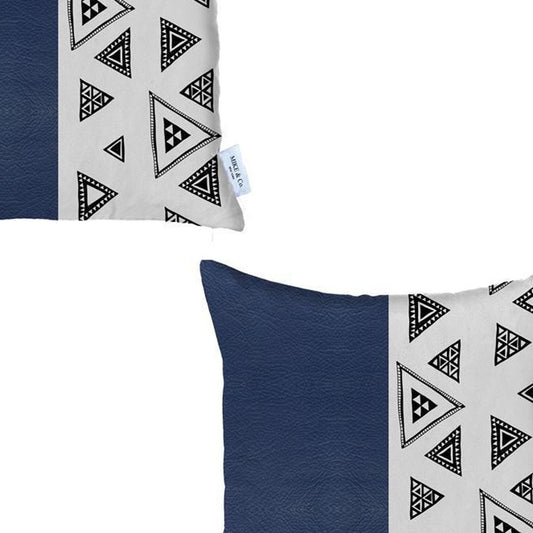 Set Of Two 18" X 18" Navy Blue Faux Leather Geometric Zippered Pillow
