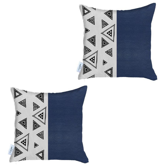 Set Of Two 17" X 17" Navy Blue Faux Leather Geometric Zippered Pillow Cover