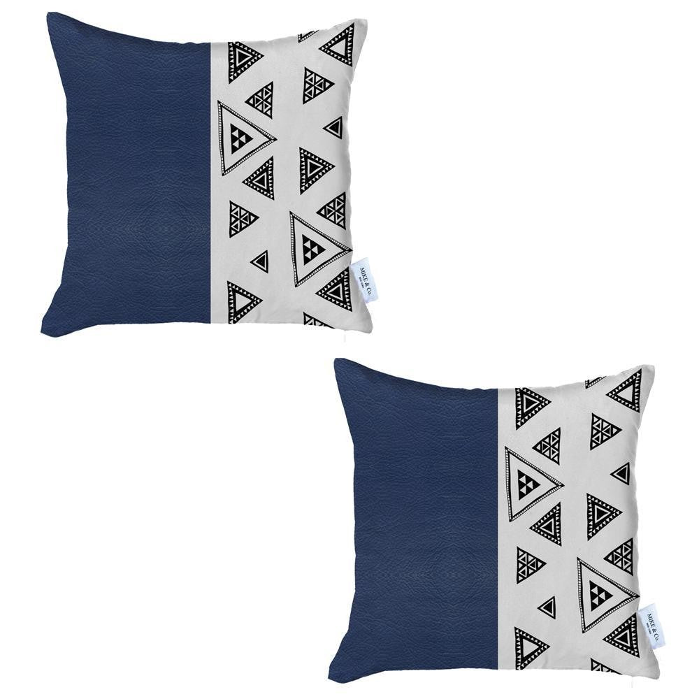 Set Of Two 17" X 17" Navy Blue Faux Leather Geometric Zippered Pillow Cover