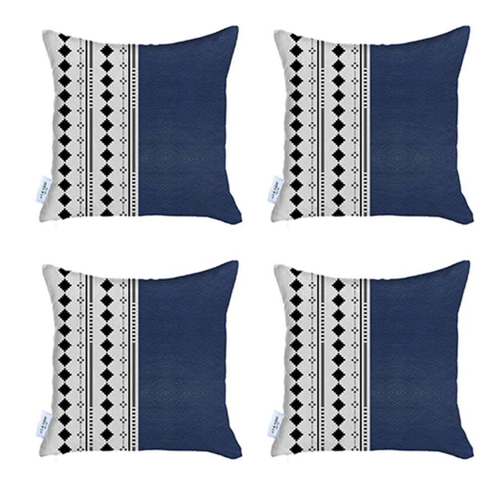 Set Of Four 17" X 17" Navy Blue Faux Leather Diamond Zippered Pillow Cover
