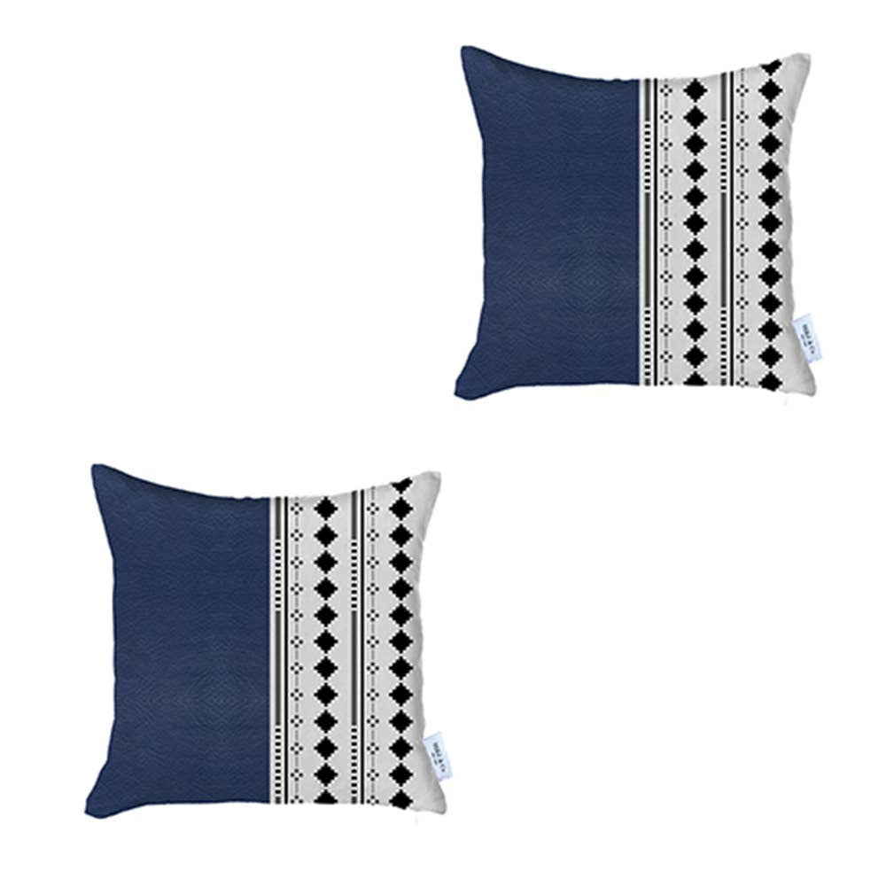 Set Of Two 17" X 17" Navy Blue Faux Leather Diamond Zippered Pillow