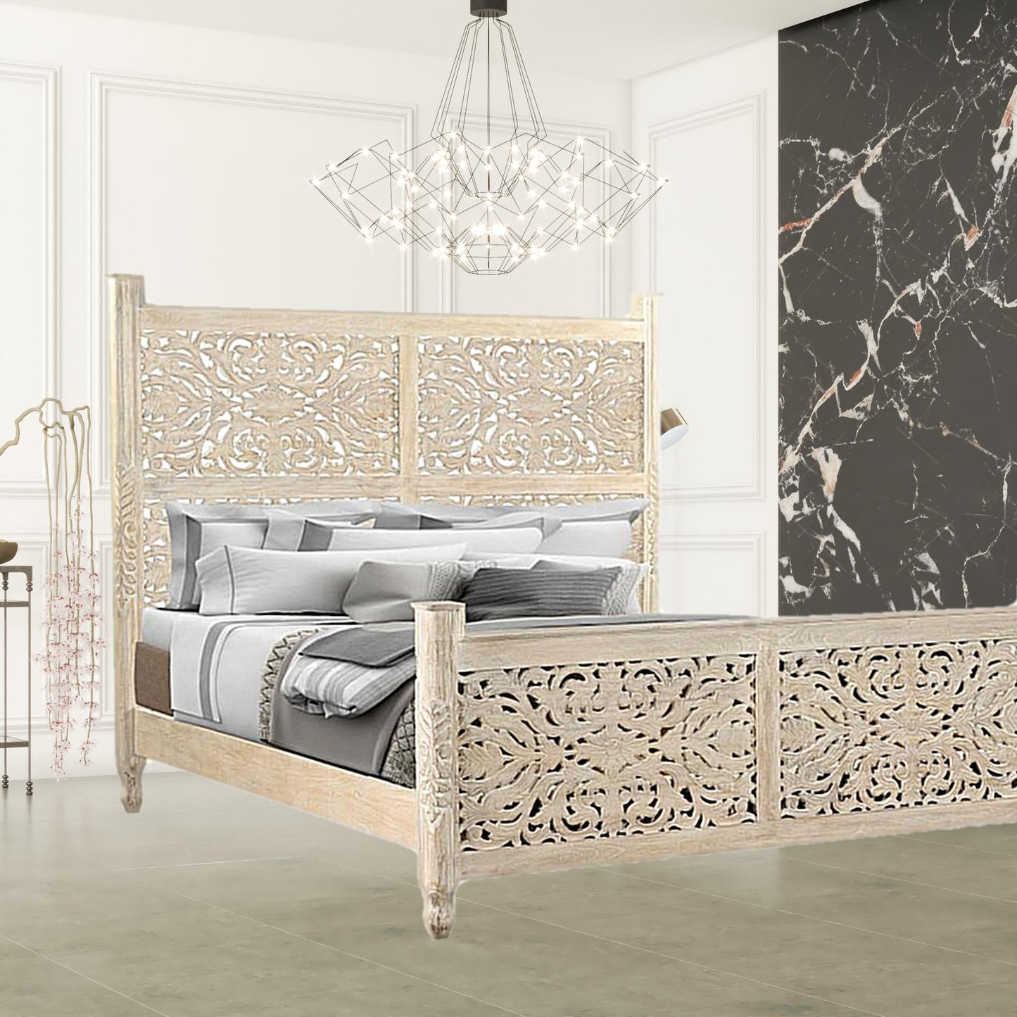 Carved Solid Wood King White Bed