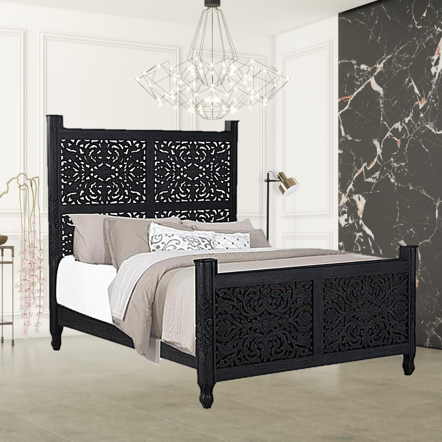 Carved Solid Wood Queen Black Bed