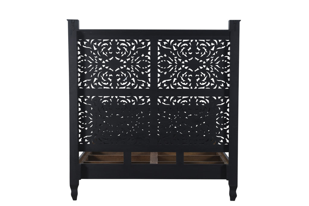Carved Solid Wood Queen Black Bed