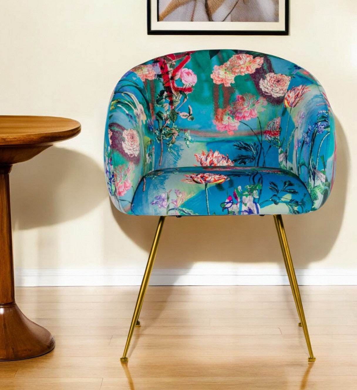 Blue Green And Gold Floral Velvet Dining Arm Chair