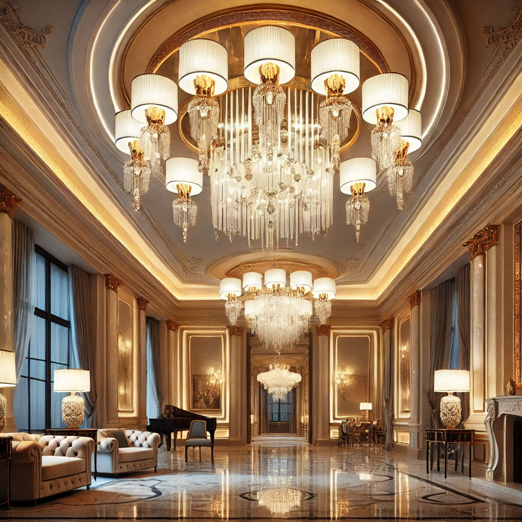 A luxurious mansion interior with glowing chandeliers emitting soft, warm light, illuminating a grand space with high ceilings, elegant decor, and a majestic ambiance.