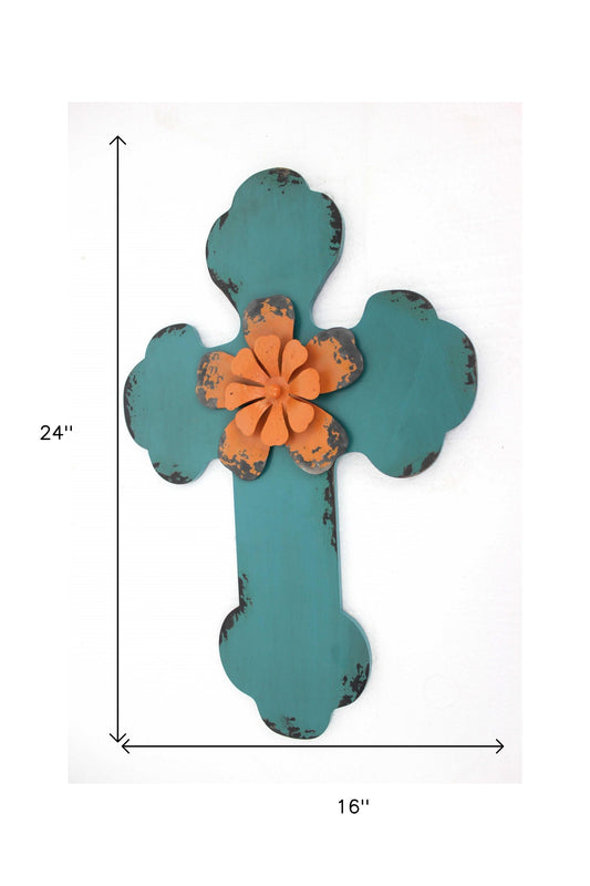 24" X 16" X 1" Blue Rustic Cross Wooden - Wall Decor