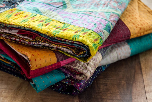 60" X 90" Multicolor Kantha Silk Throw Quilt Blanket