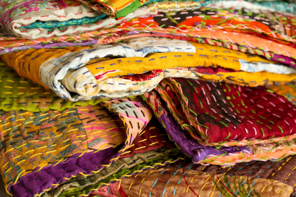 60" X 90" Multicolor Kantha Silk Throw Quilt Blanket