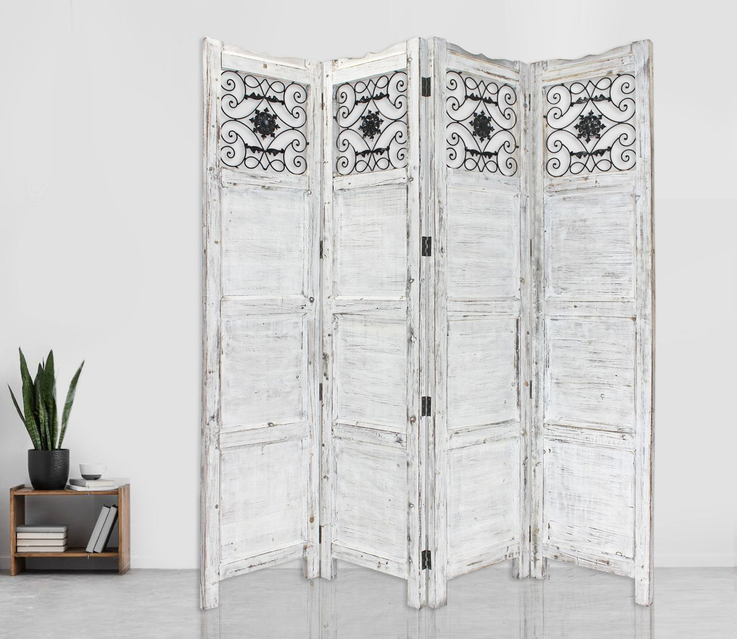 Gray Wash 4 Panel With Scroll Work Room Divider Screen