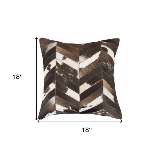 18" Brown and Off White Cowhide Throw Pillow