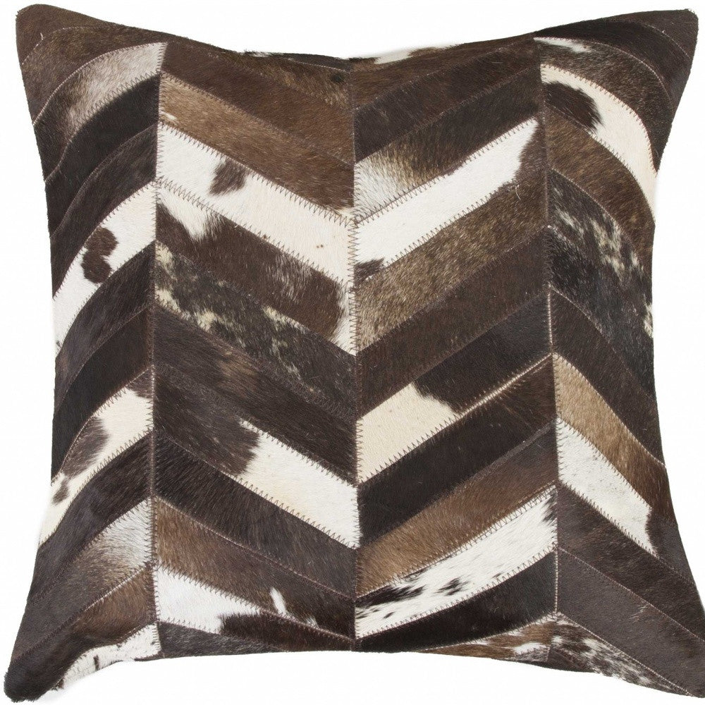 18" Brown and Off White Cowhide Throw Pillow