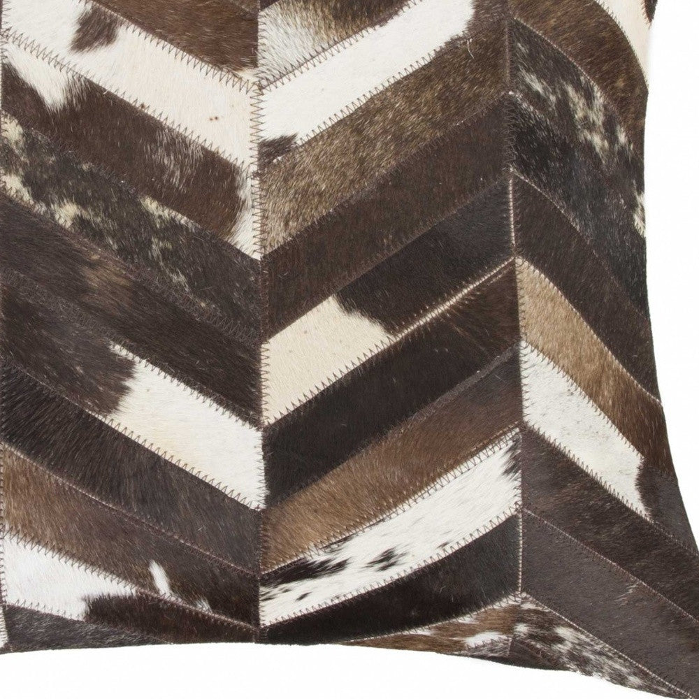 18" Brown and Off White Cowhide Throw Pillow