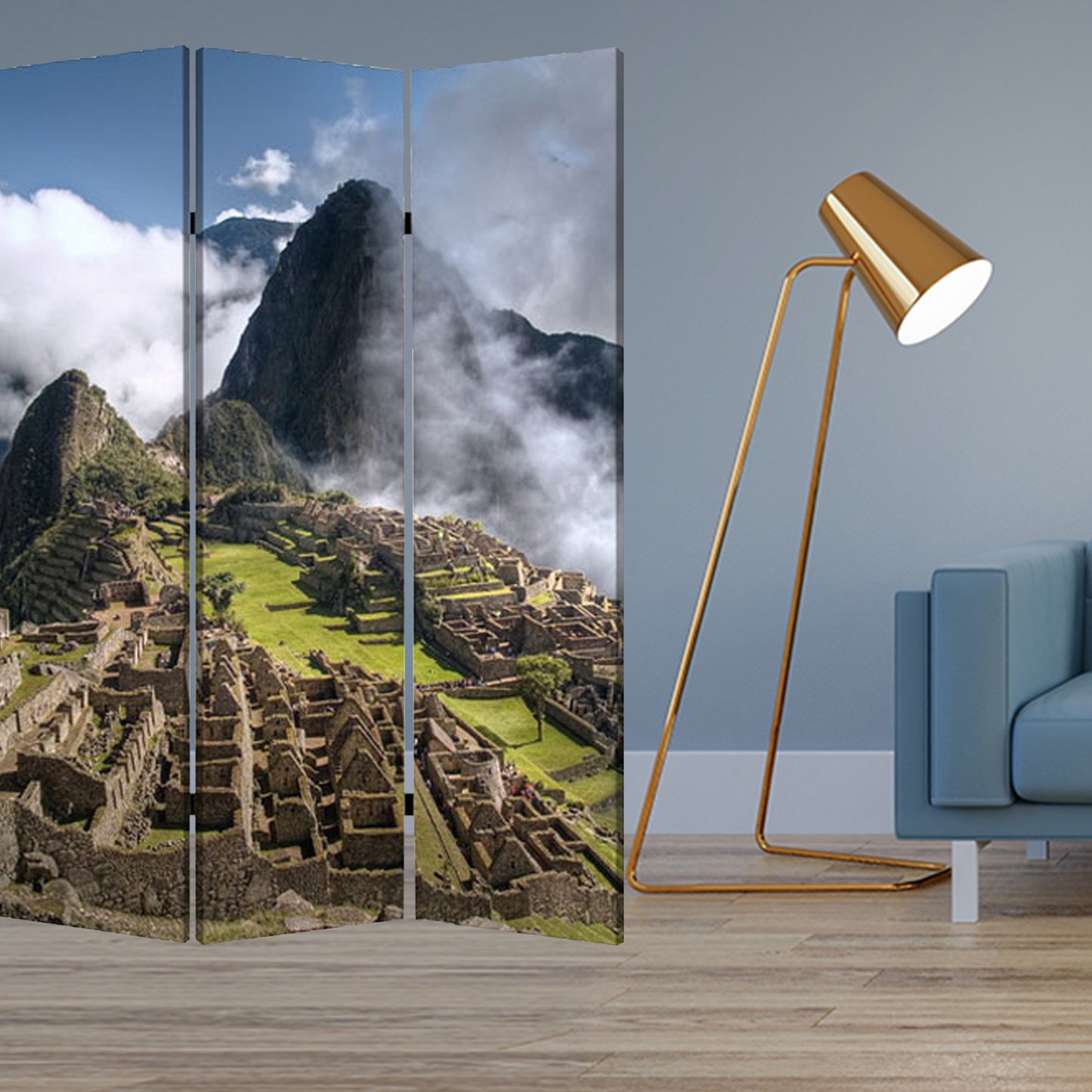 48" X 72" Multi Color Wood Canvas Machu Picchu  Screen