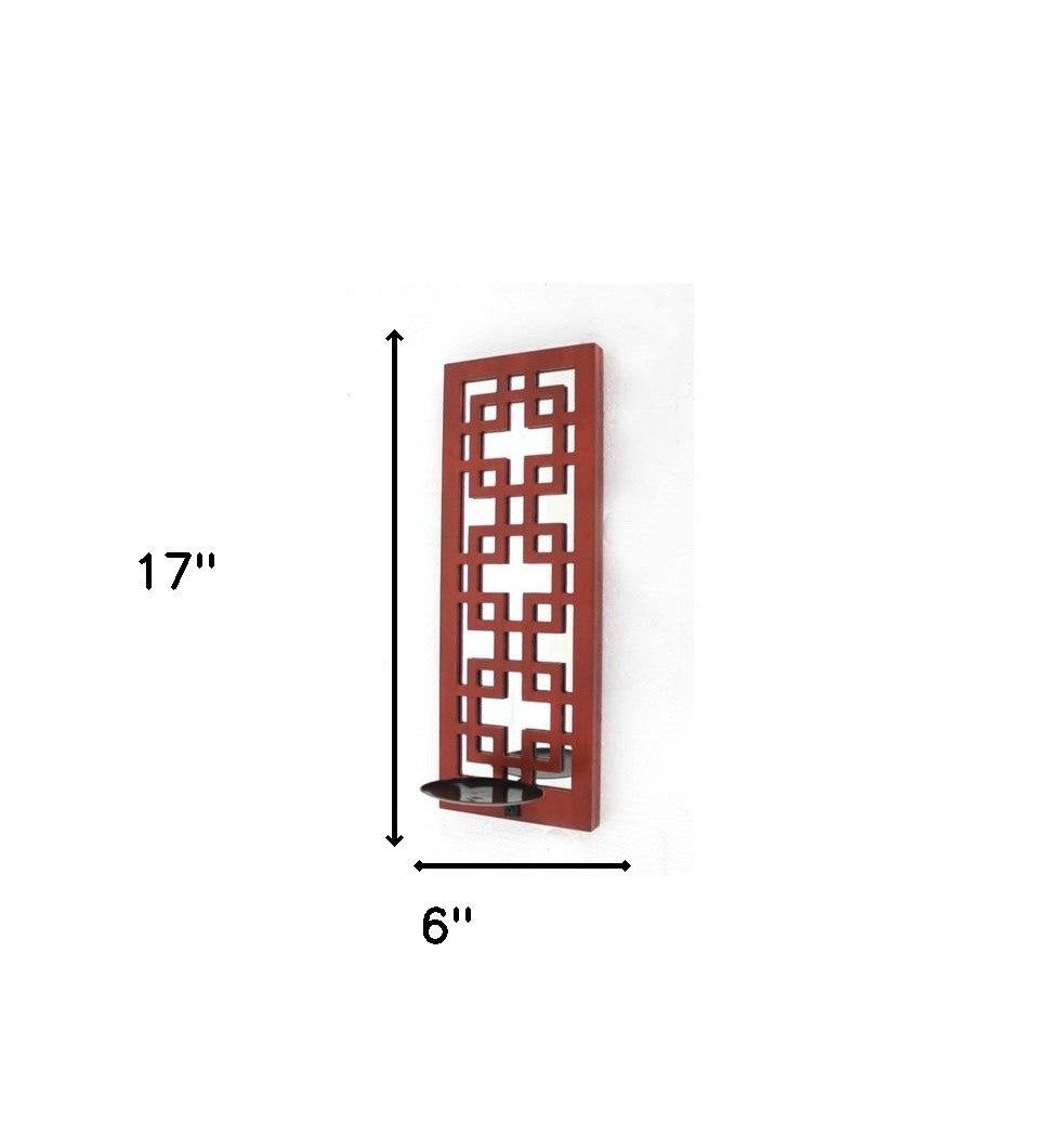 17" X 6" X 5" Red, Vintage Wood, Lattice Mirror - Candle Holder Sconce