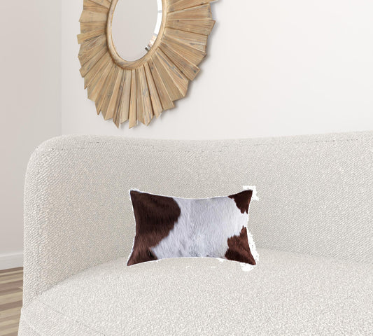 12" X 20" X 5" White And Brown Cowhide  Pillow