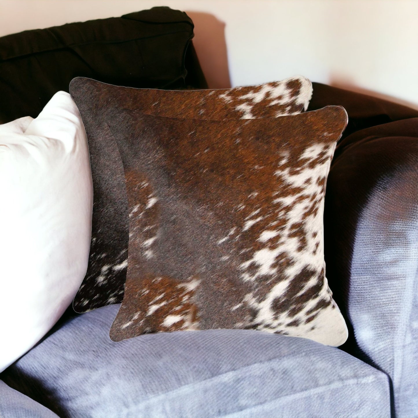 Set of Two 18" X 18" Brown and White Animal Print Cowhide Zippered Pillow