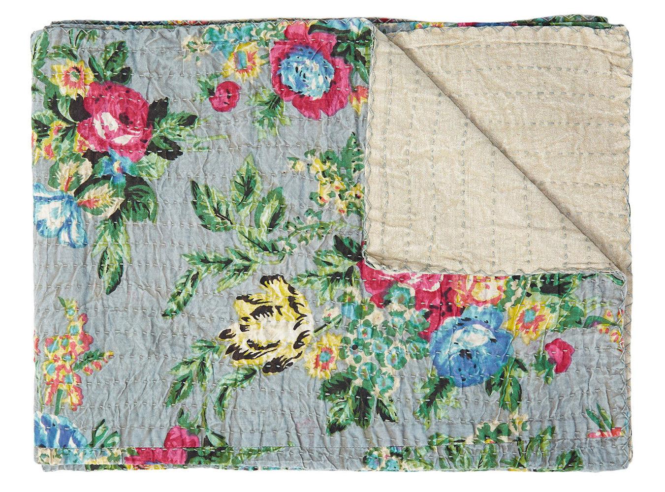 50" x 70" Gray and Blue Kantha Cotton Floral Throw Blanket