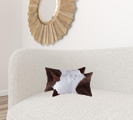 12" X 20" X 5" White And Brown Cowhide  Pillow 2 Pack