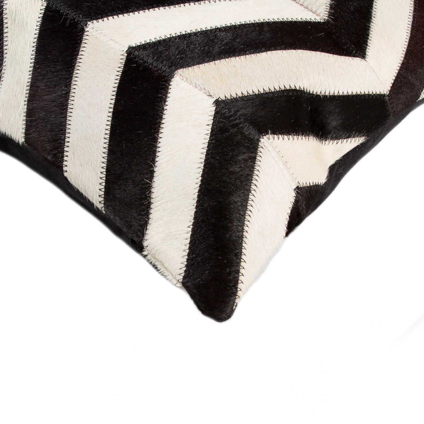 18" X 18" Black and Off White Chevron Cowhide Pillow