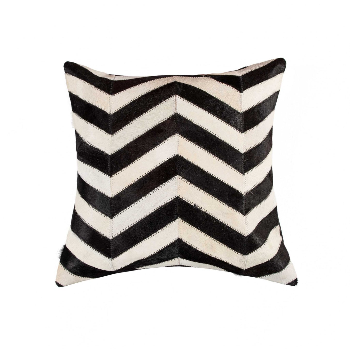 18" X 18" Black and Off White Chevron Cowhide Pillow