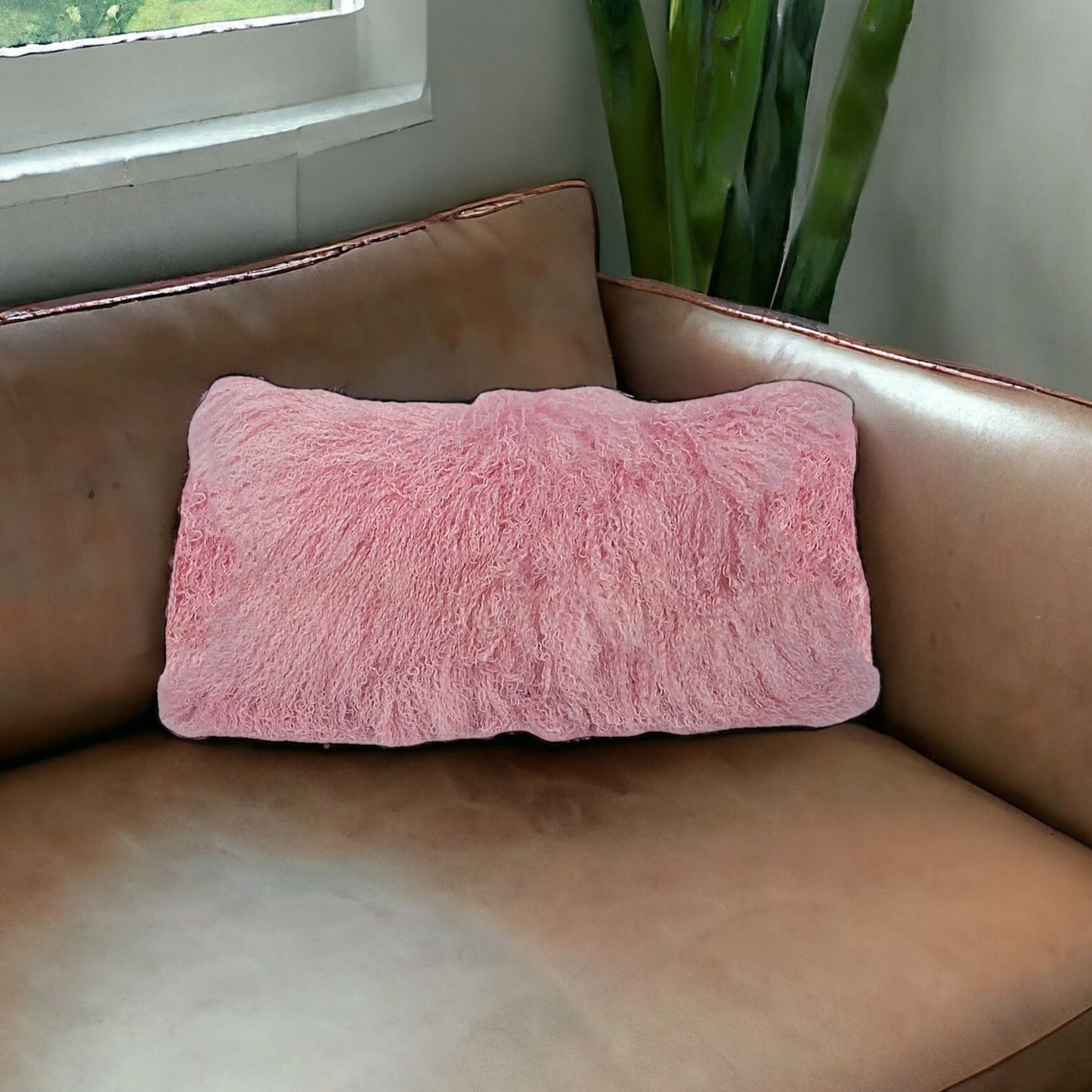 17" Pink Genuine Tibetan Lamb Fur Pillow With Microsuede Backing