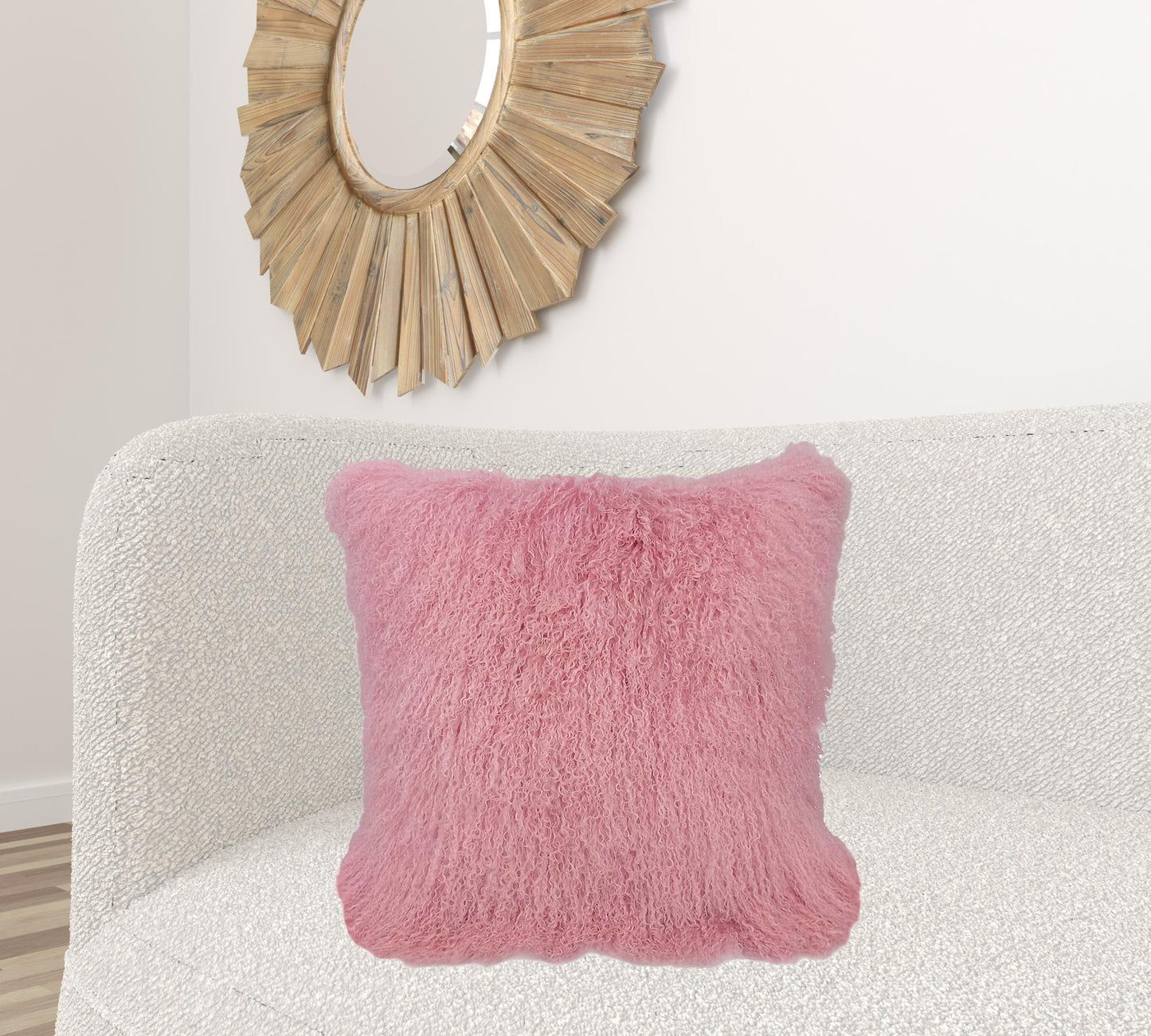 24" Pink Genuine Tibetan Lamb Fur Pillow With Microsuede Backing