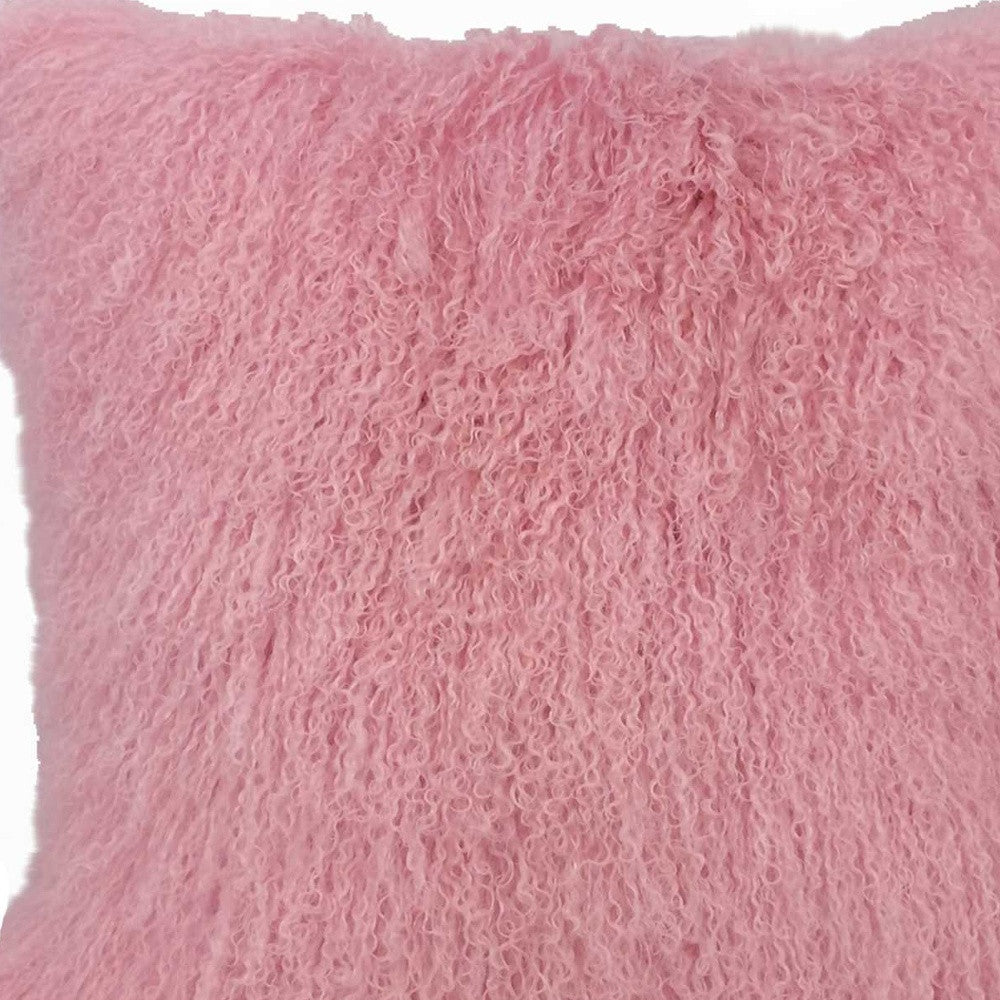 24" Pink Genuine Tibetan Lamb Fur Pillow With Microsuede Backing