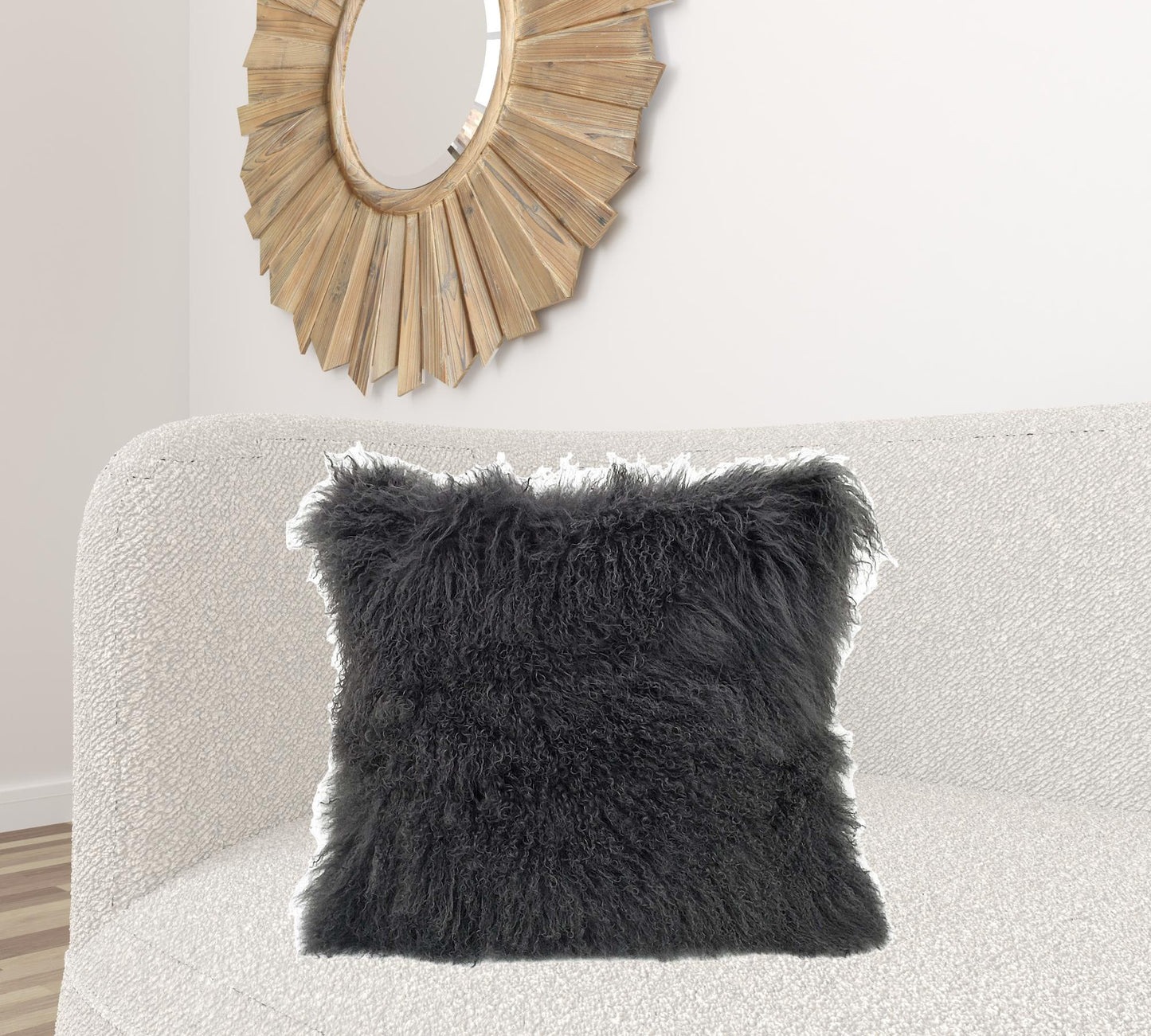 24" Charcoal Genuine Tibetan Lamb Fur Pillow With Microsuede Backing