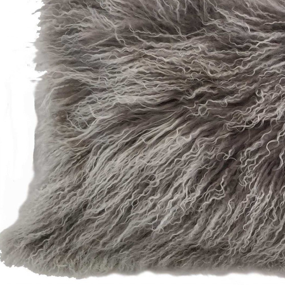 17" Grey Genuine Tibetan Lamb Fur Pillow With Microsuede Backing