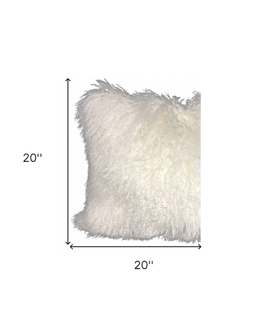 20" Bright White Genuine Tibetan Lamb Fur Pillow With Microsuede Backing