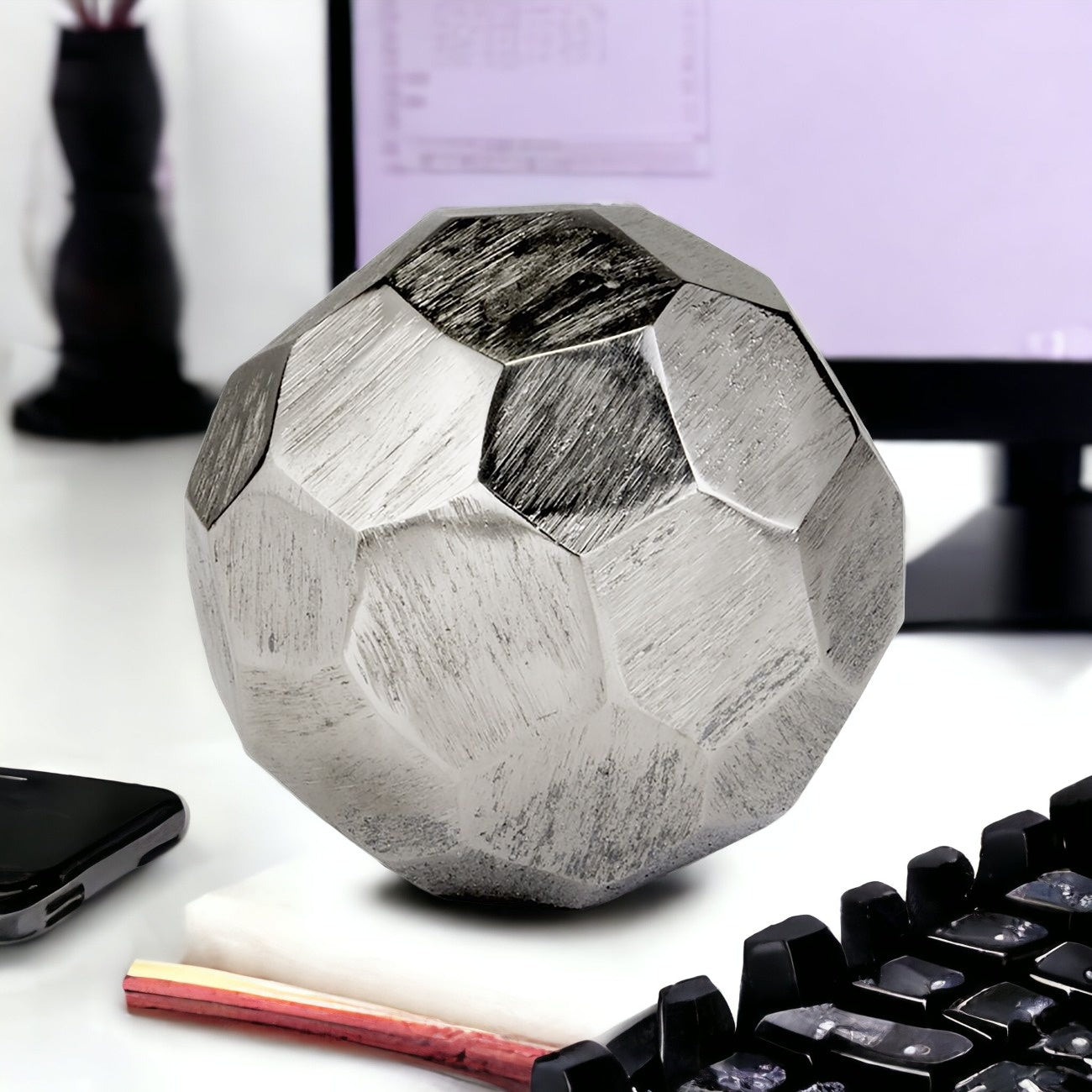 4" Rough Hewn Faceted Round Silver Sphere