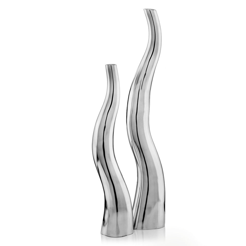 Set Of 2 Modern Tall Silver Squiggly Vases