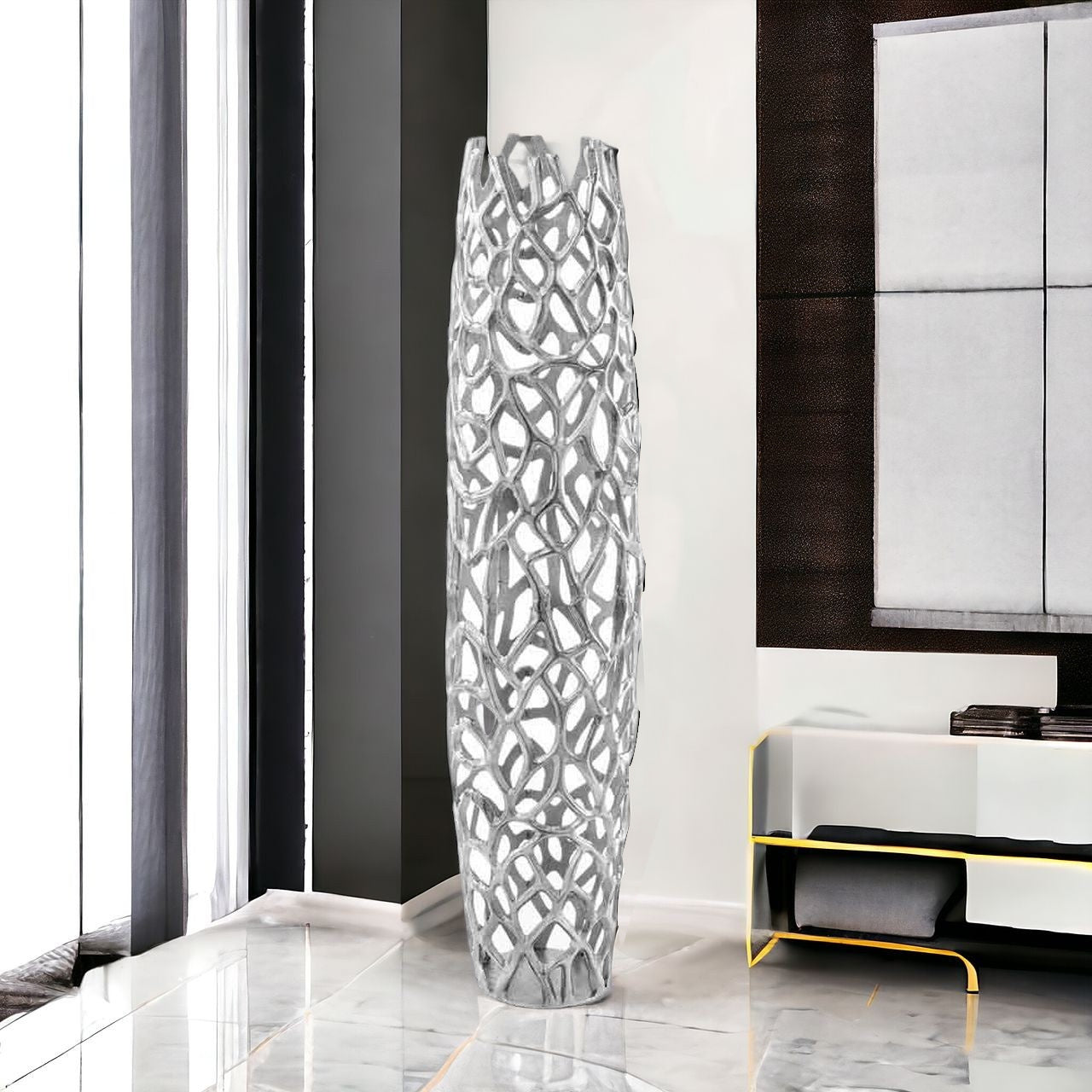 40" Aluminum Silver Twigs Cylinder Floor Vase