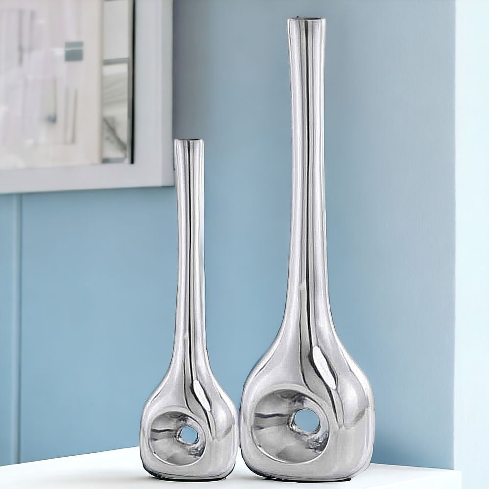 Buffed Silver Hole Set Of 2 Vases